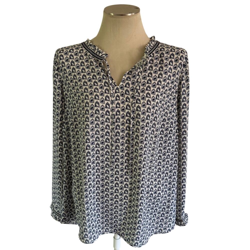 Talbots Navy Blue Bird Print Blouse Plus Size 1X Tassel Boho